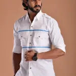 Stylish White Hunting Shirt with Blue Strip | Premium Men's Sportswear | Classic Outdoor Design | Comfortable Cotton Fabric | Size 36-44